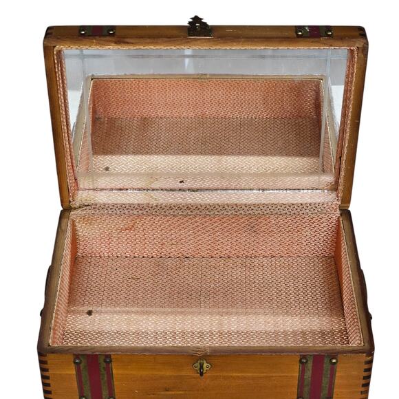 Antique Wood Cedar Jewelry Trinket Chest Box Dove Tail Brass Straps Mirror - Picture 2 of 16